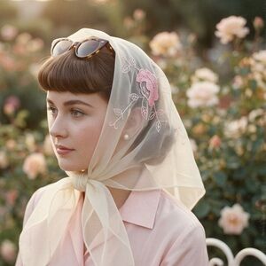 Vtg 1950s Bariba Georgie Nylon Scarf - Hidden Geisha Novelty Embroidery - 60x20